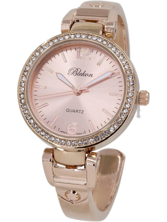 Women\'s Rose Gold Analog Quartz hinged Pearl Cuff Rhinestones Bracelet Watch